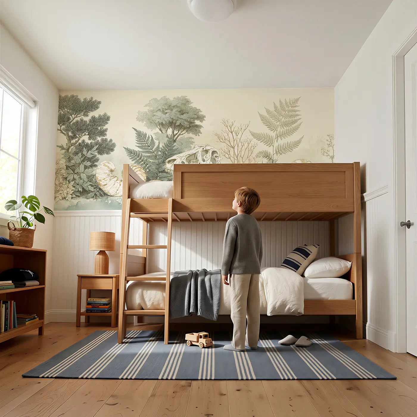Child reading near Dinosaur Fossil Botanical Toile Wainscoting Wallpaper by Whimsy Tots