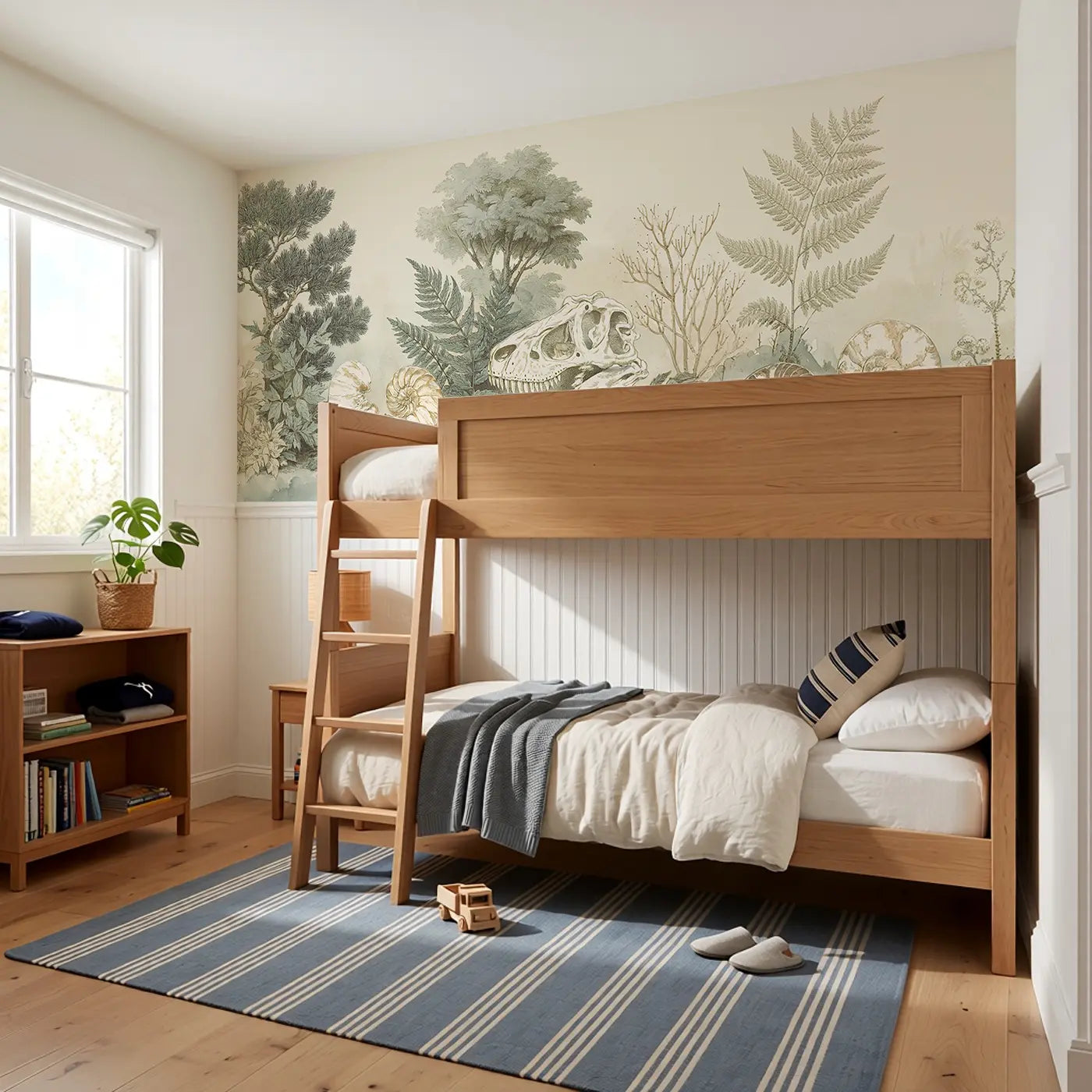 Dinosaur Fossil Botanical Toile Wainscoting Wallpaper styled in a kids bedroom by Whimsy Tots