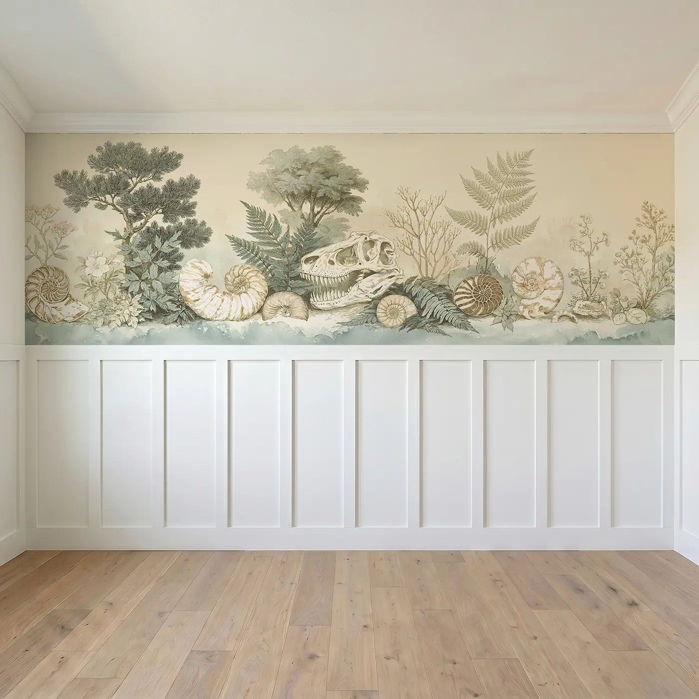Full panel view of Dinosaur Fossil Botanical Toile Wainscoting Wallpaper by Whimsy Tots