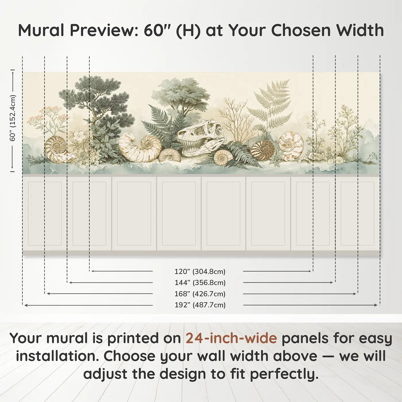 Panel dimensions for Dinosaur Fossil Botanical Toile Wainscoting Wallpaper by Whimsy Tots