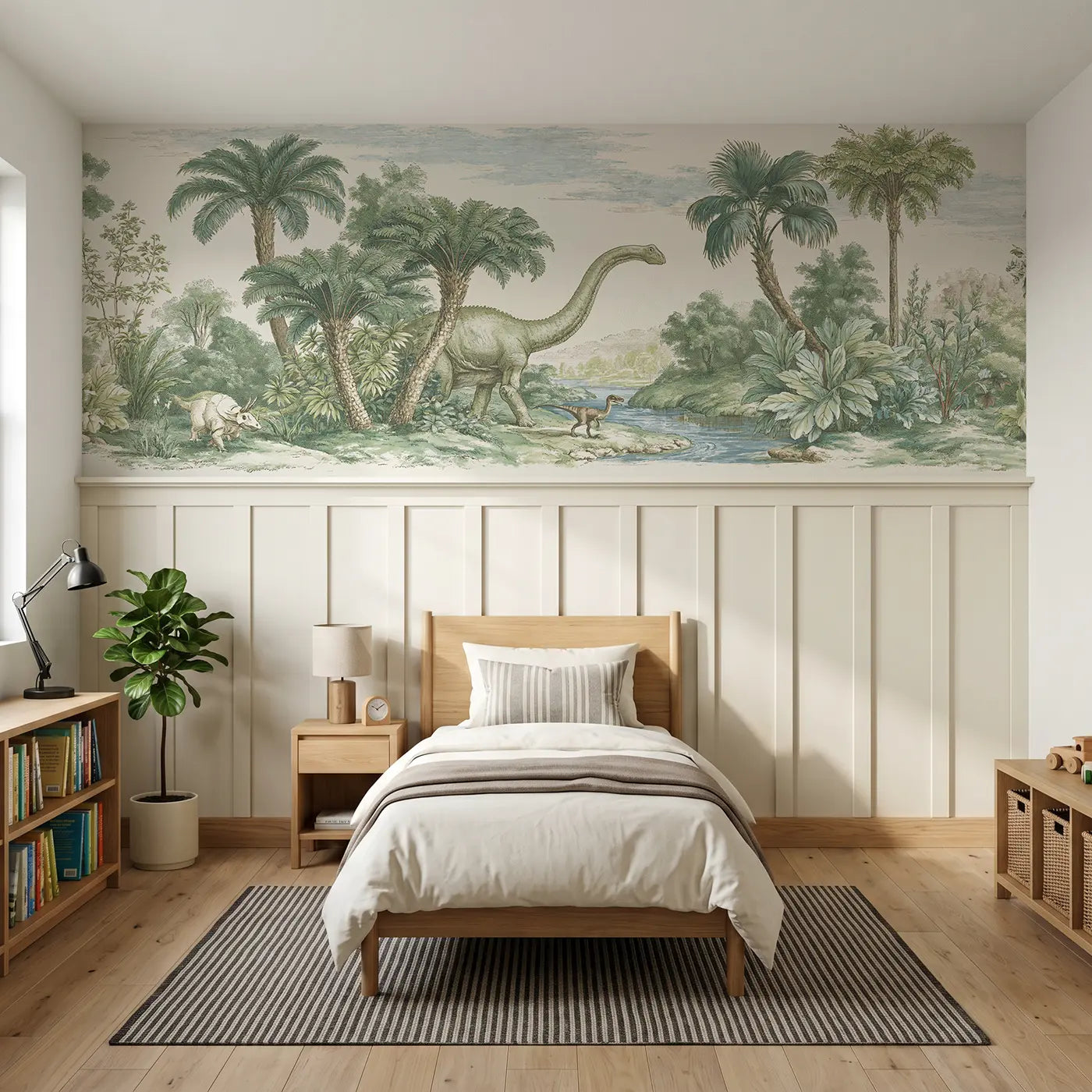 Botanical Elegance prehistoric garden scene wainscoting wallpaper for bedroom by Whimsy Tots