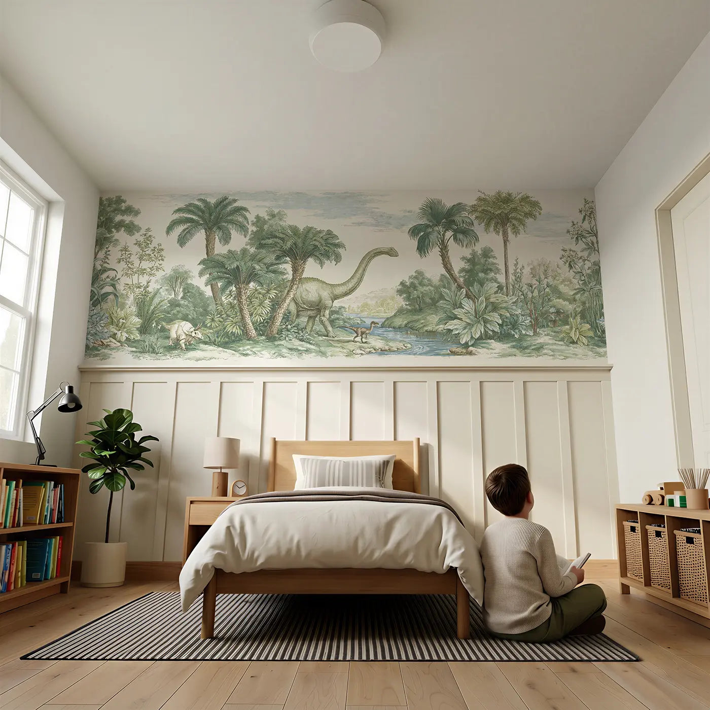 Child reading near Prehistoric Garden Scene Toile Wainscoting Wallpaper by Whimsy Tots