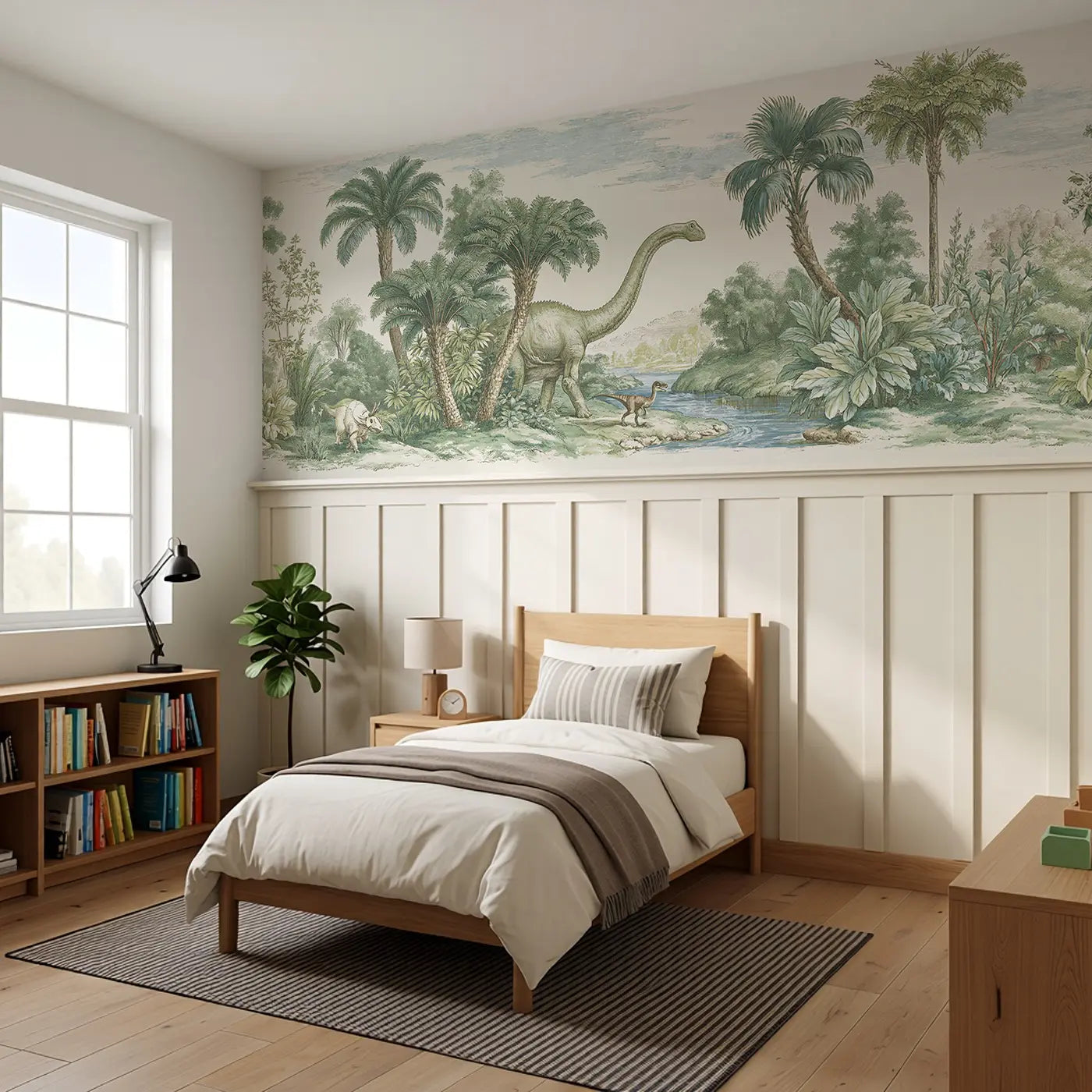 Prehistoric Garden Scene Toile Wainscoting Wallpaper styled in a kids bedroom by Whimsy Tots