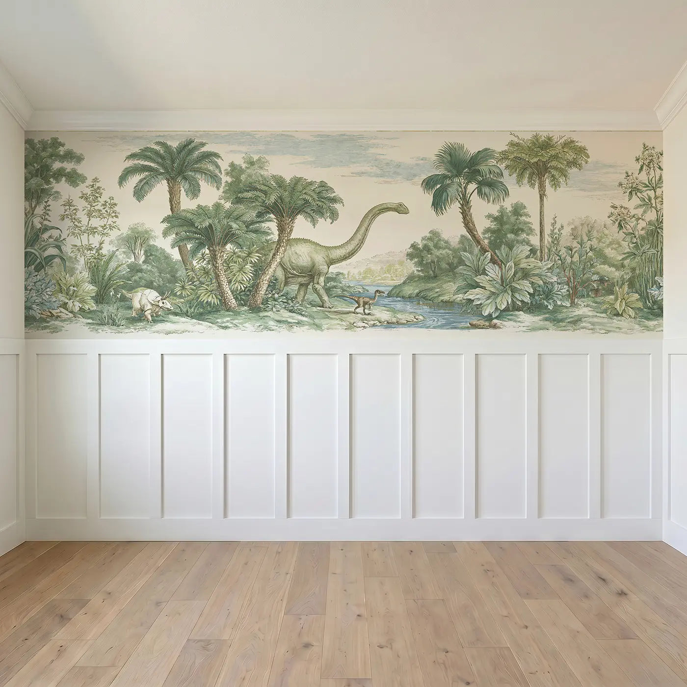 Full panel view of Prehistoric Garden Scene Toile Wainscoting Wallpaper by Whimsy Tots