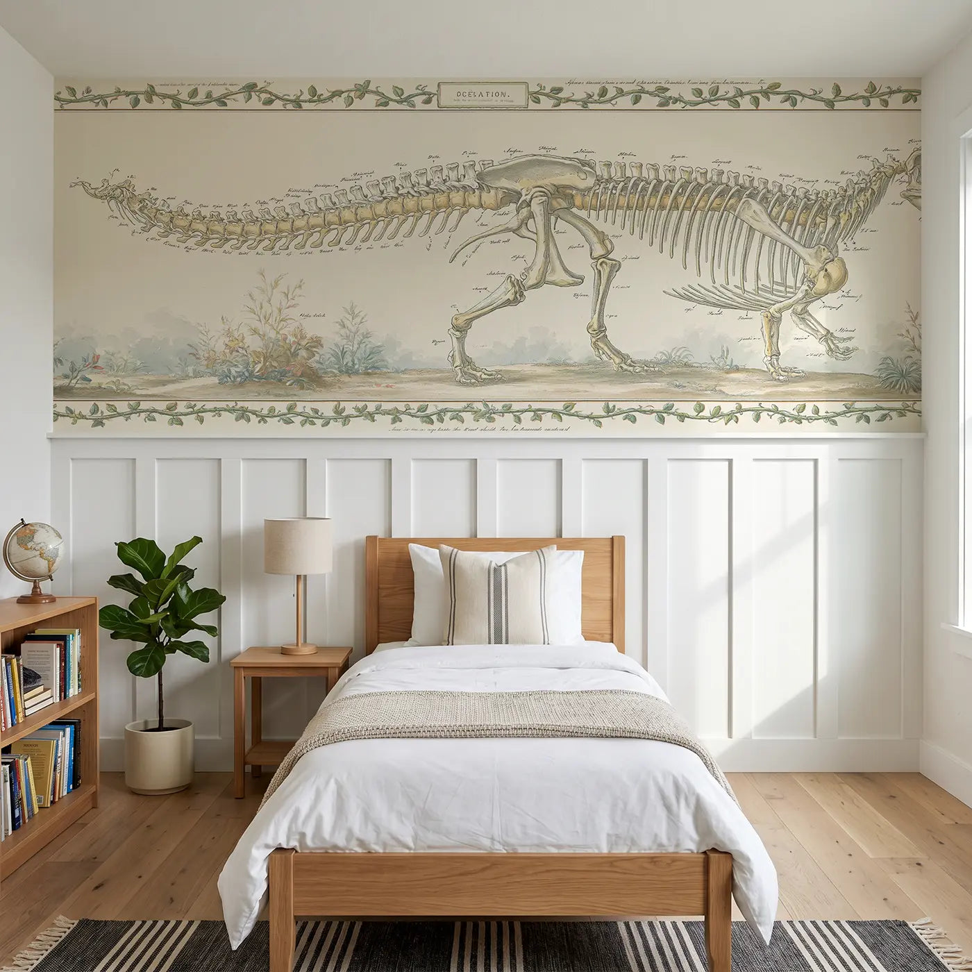 Botanical Elegance skeleton anatomy display wainscoting wallpaper for bedroom by Whimsy Tots