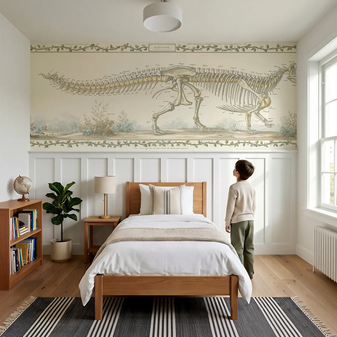 Child reading near Skeleton Anatomy Display Toile Wainscoting Wallpaper by Whimsy Tots