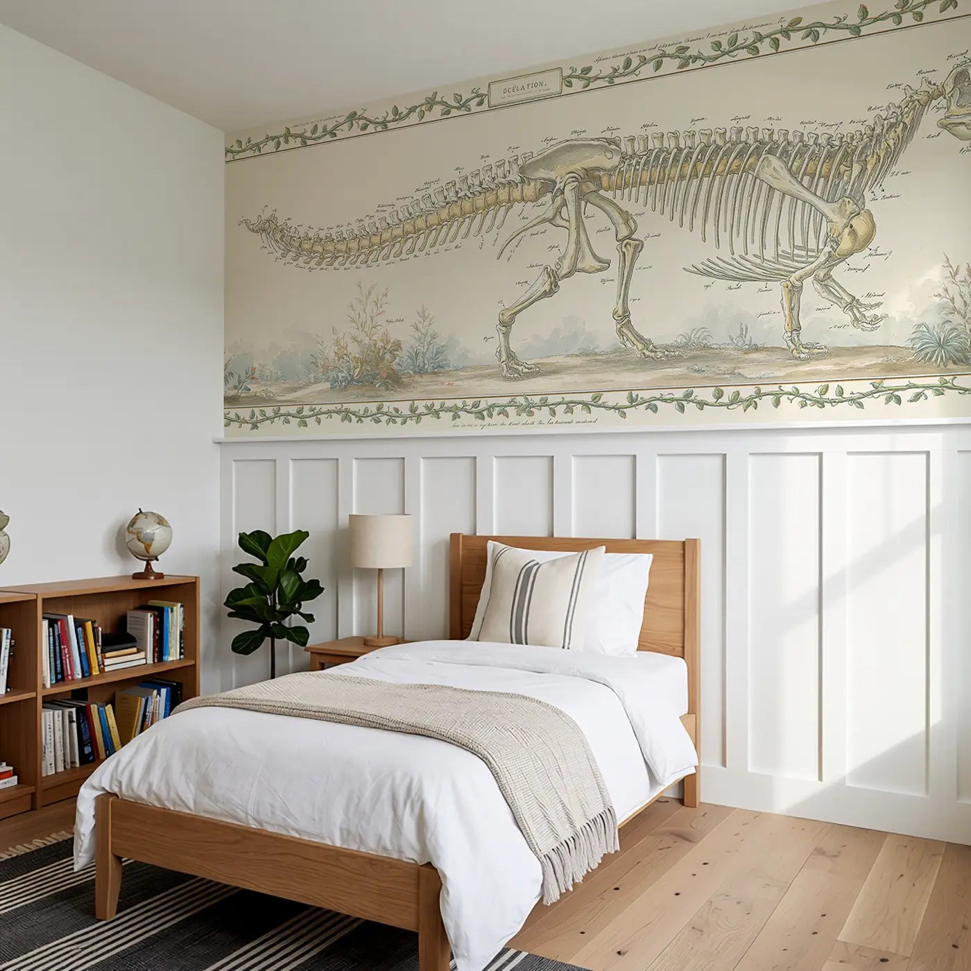 Skeleton Anatomy Display Toile Wainscoting Wallpaper styled in a kids bedroom by Whimsy Tots