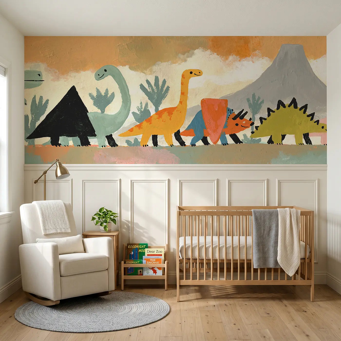 Modern Illustration graphic dino parade bold wainscoting wallpaper for nursery by Whimsy Tots