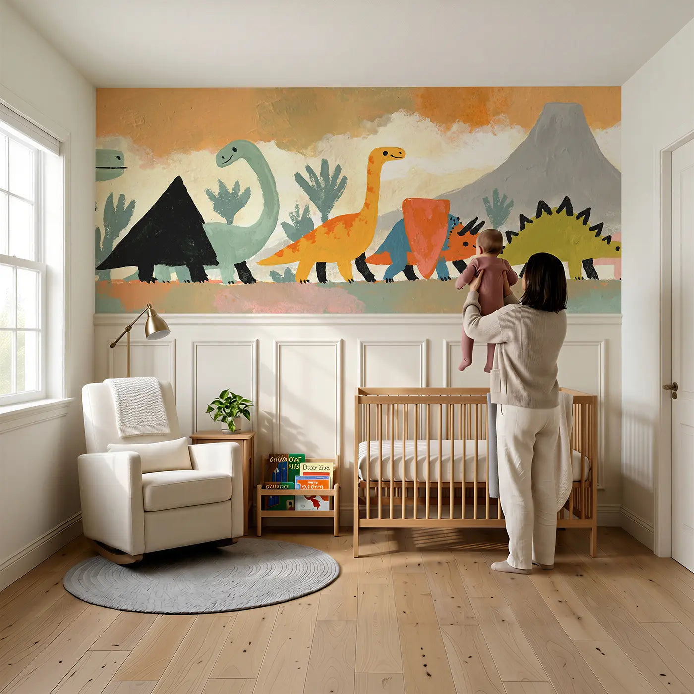 Child reading near Graphic Dino Parade Bold Wainscoting Wallpaper by Whimsy Tots
