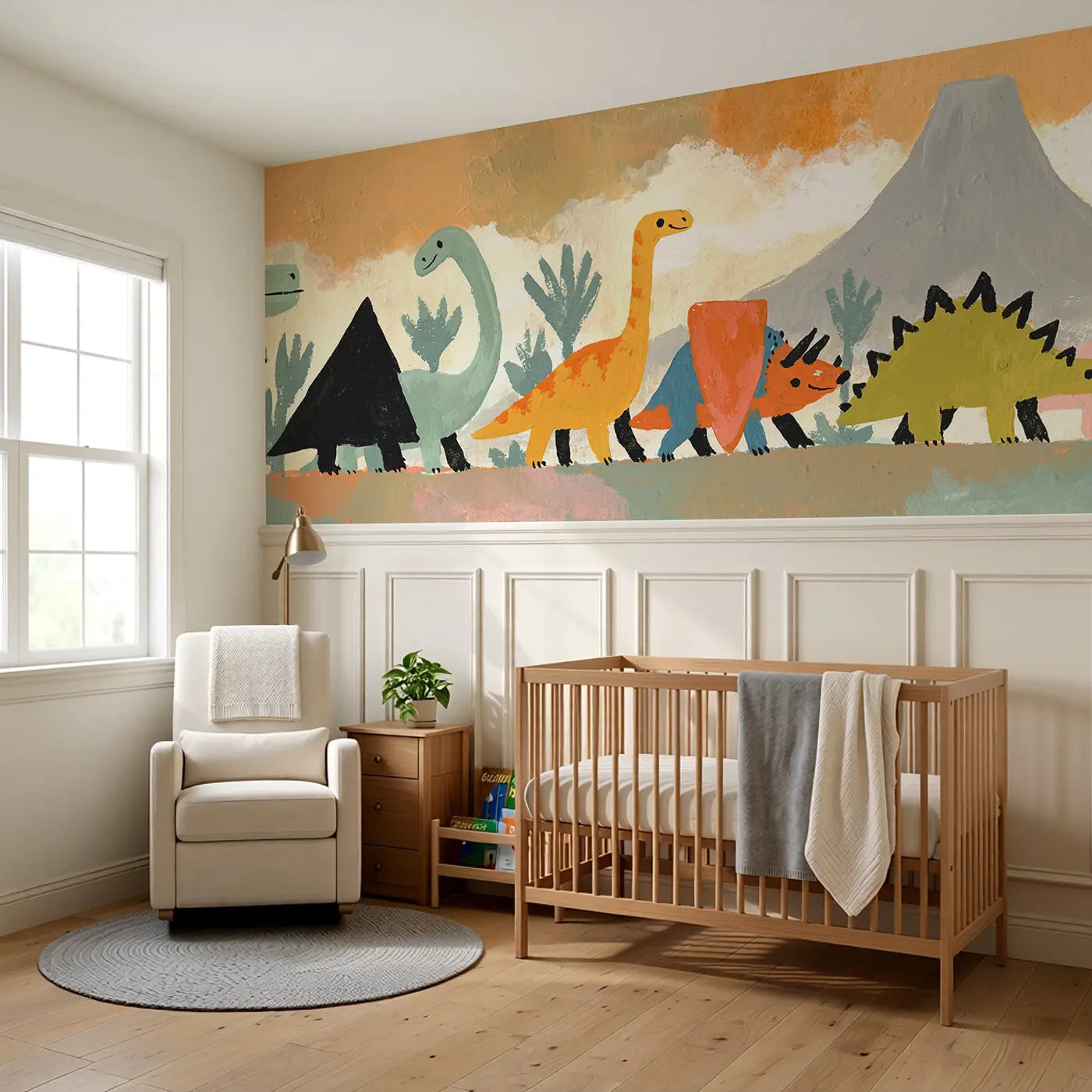 Graphic Dino Parade Bold Wainscoting Wallpaper styled in a kids bedroom by Whimsy Tots