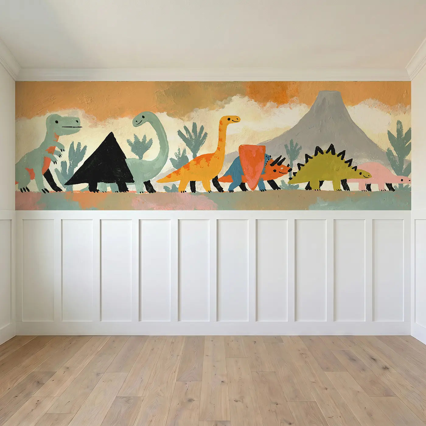 Full panel view of Graphic Dino Parade Bold Wainscoting Wallpaper by Whimsy Tots