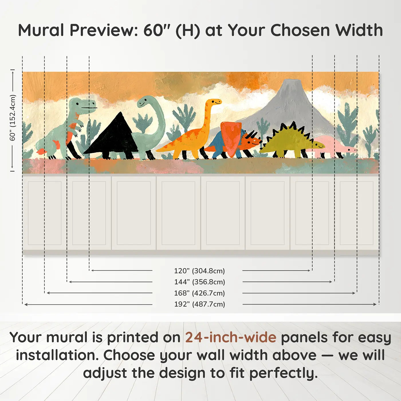 Panel dimensions for Graphic Dino Parade Bold Wainscoting Wallpaper by Whimsy Tots