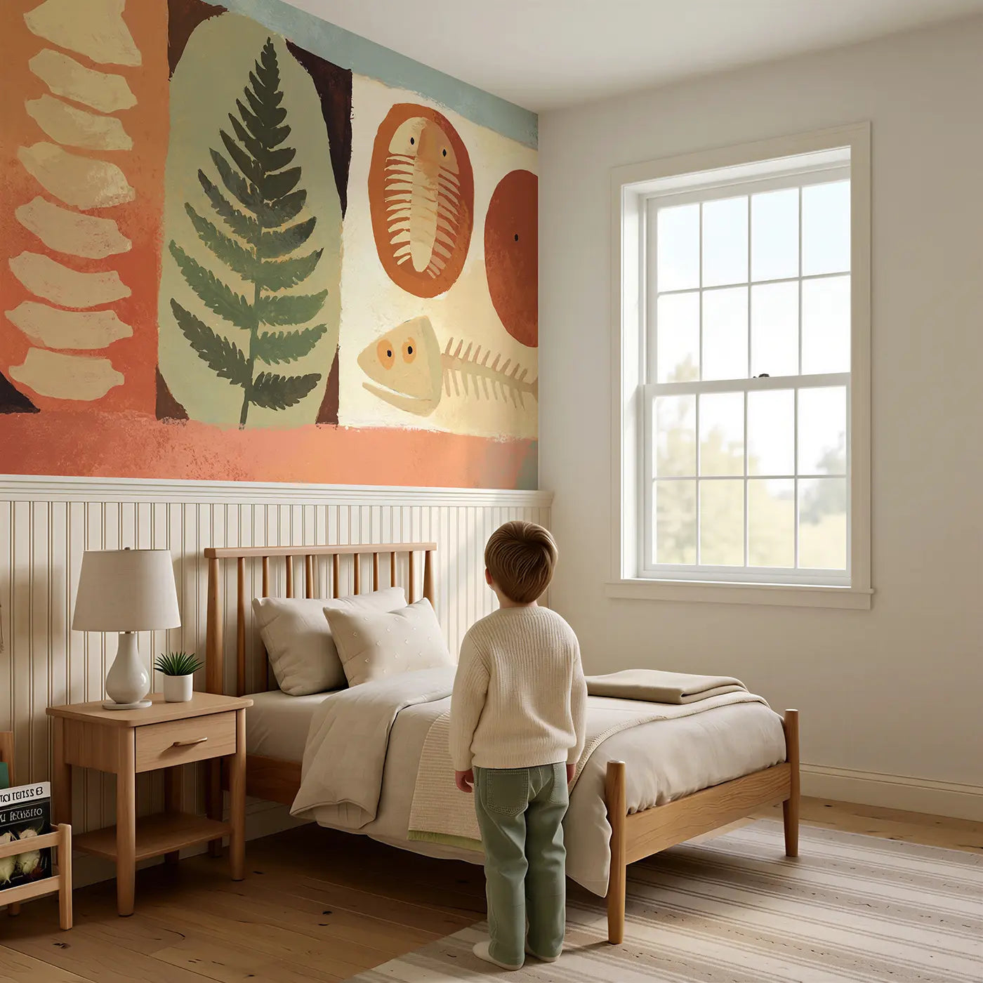 Child reading near Flat Fossil Pattern Display Wainscoting Wallpaper by Whimsy Tots