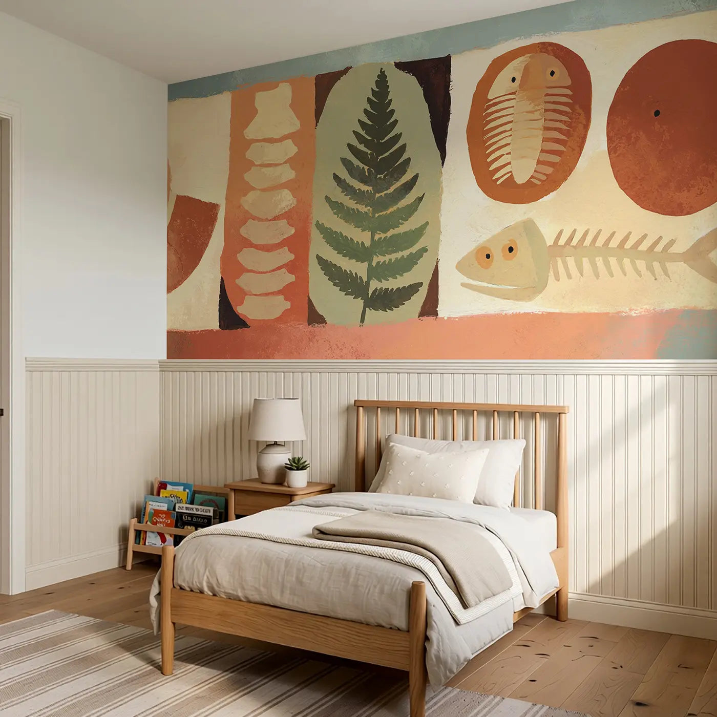 Flat Fossil Pattern Display Wainscoting Wallpaper styled in a kids bedroom by Whimsy Tots