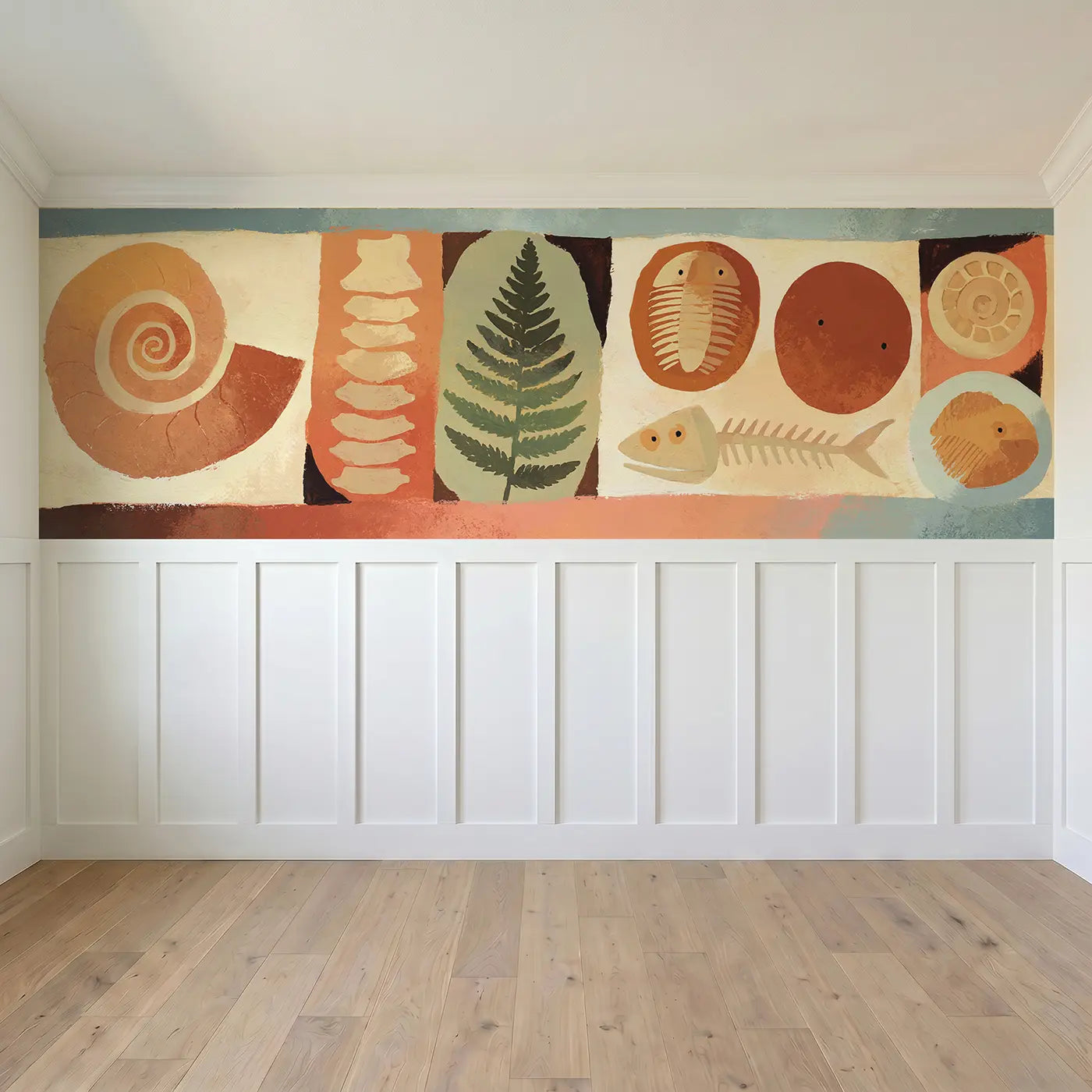Full panel view of Flat Fossil Pattern Display Wainscoting Wallpaper by Whimsy Tots