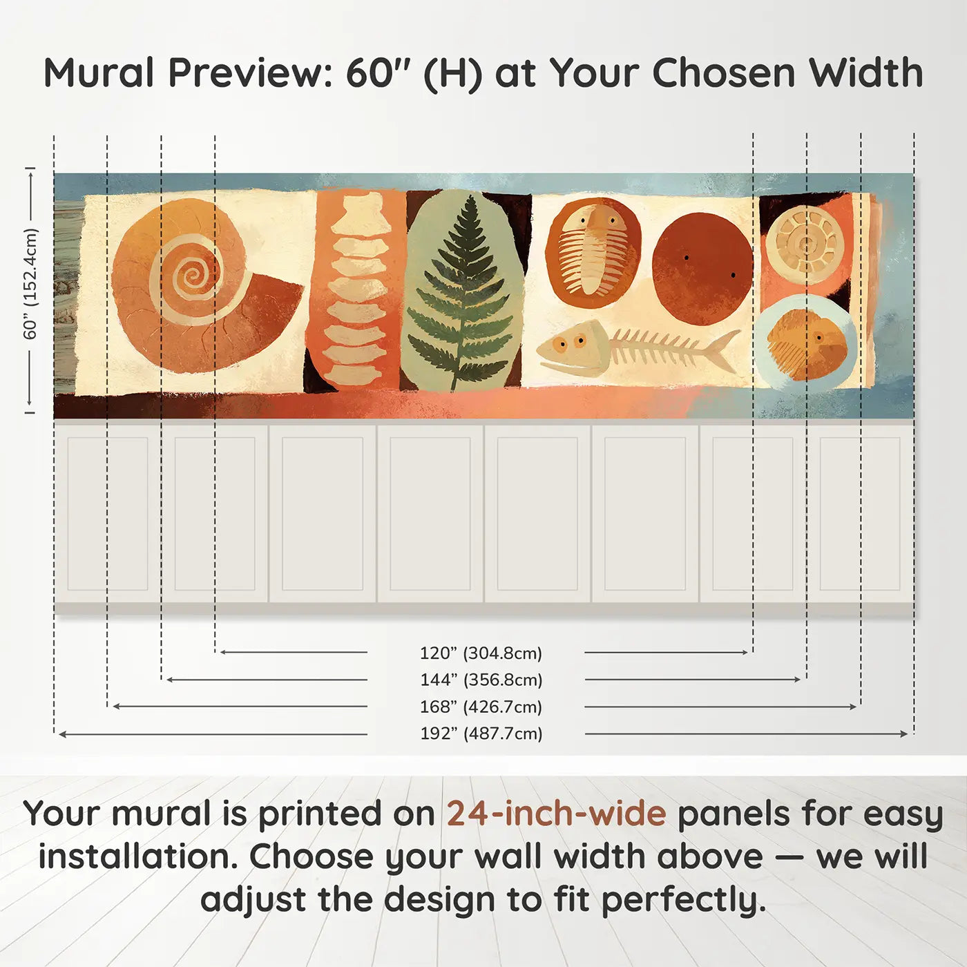 Panel dimensions for Flat Fossil Pattern Display Wainscoting Wallpaper by Whimsy Tots