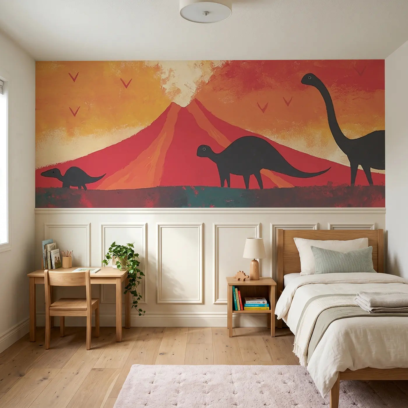 Modern Illustration bold volcano dino scene wainscoting wallpaper for bedroom by Whimsy Tots