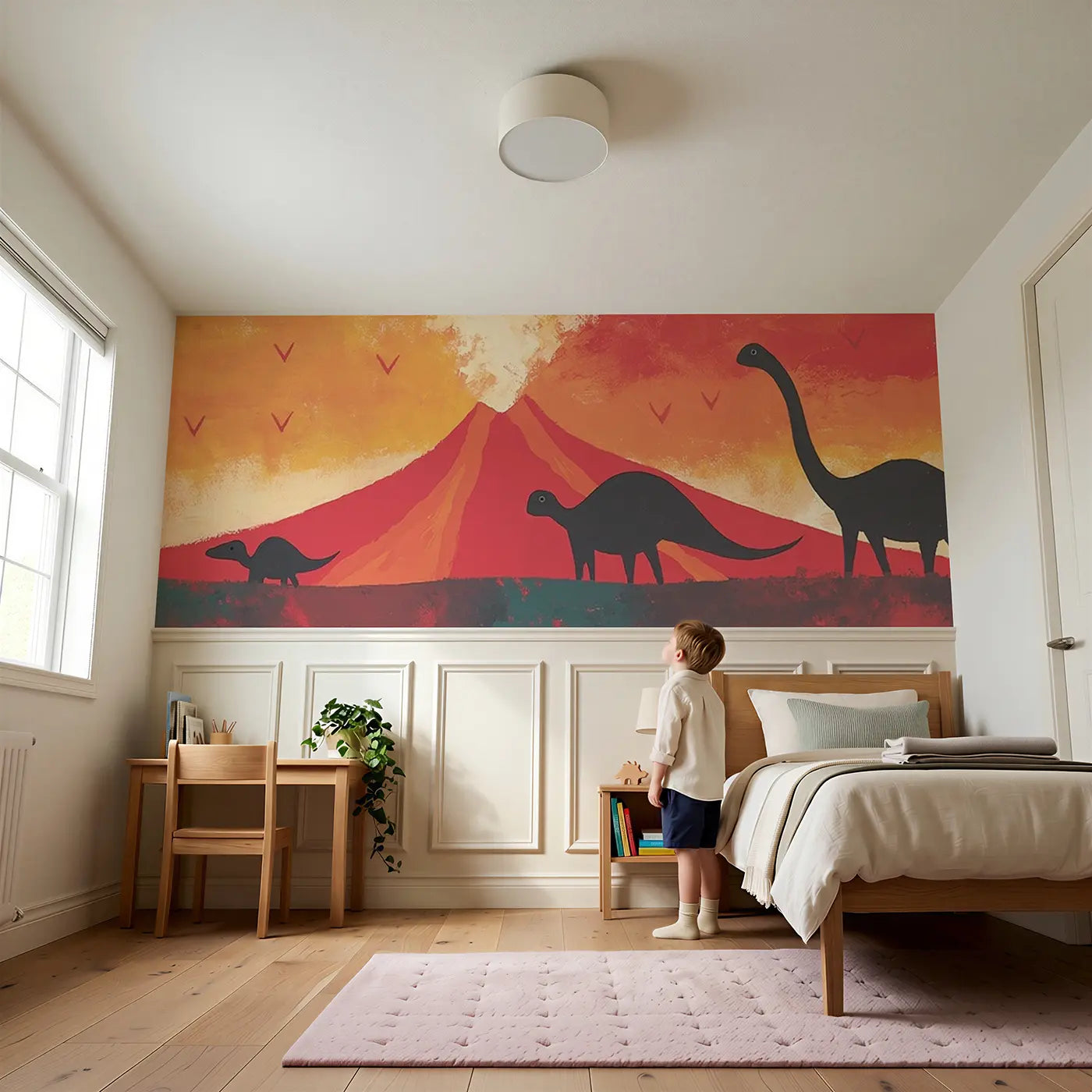 Child reading near Bold Volcano Dino Scene Wainscoting Wallpaper by Whimsy Tots