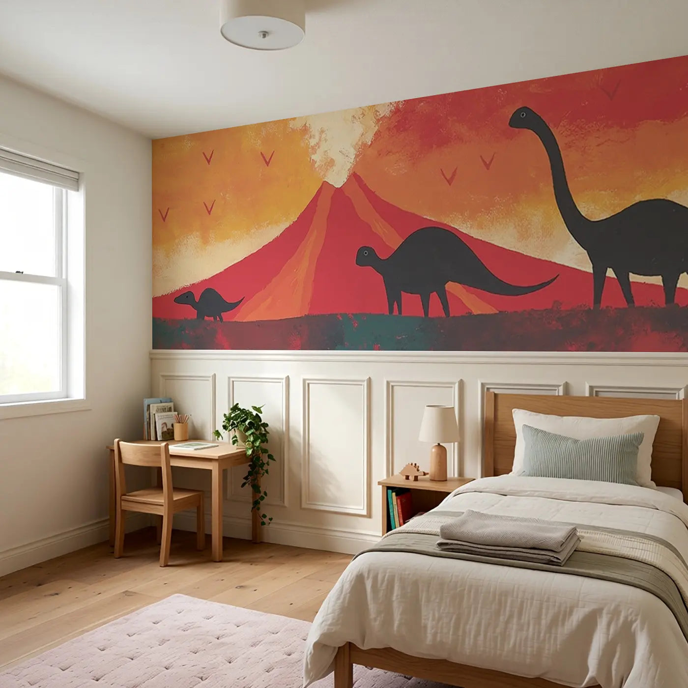 Bold Volcano Dino Scene Wainscoting Wallpaper styled in a kids bedroom by Whimsy Tots