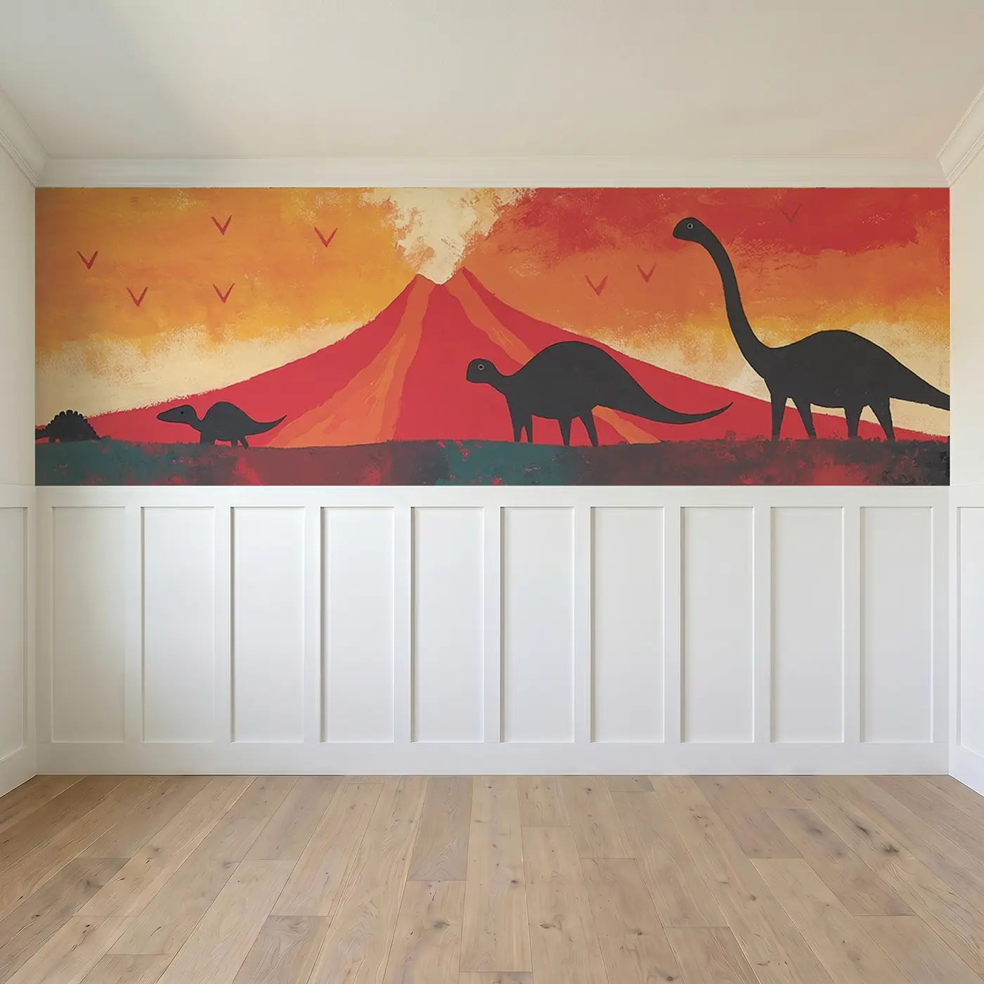 Full panel view of Bold Volcano Dino Scene Wainscoting Wallpaper by Whimsy Tots