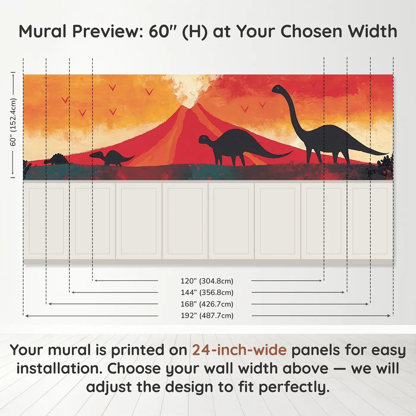 Panel dimensions for Bold Volcano Dino Scene Wainscoting Wallpaper by Whimsy Tots