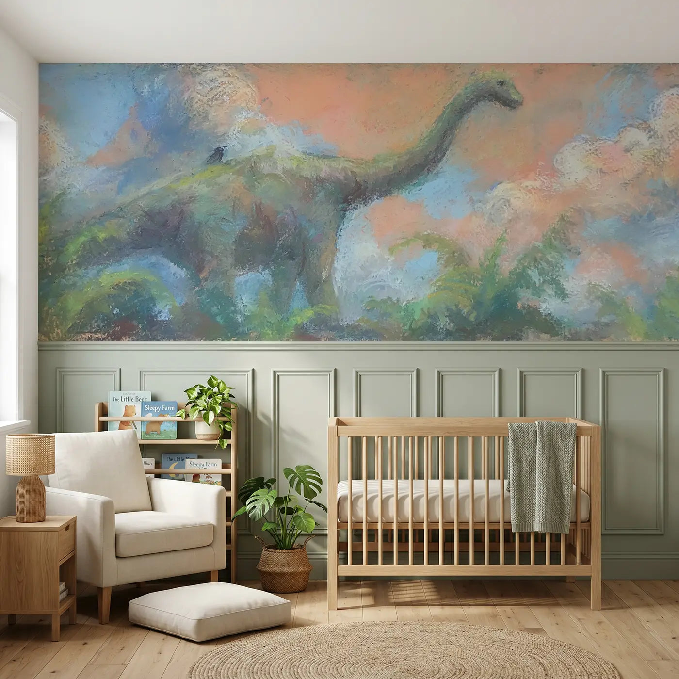 Soft Pastel chalk brontosaurus gentle wainscoting wallpaper for nursery by Whimsy Tots