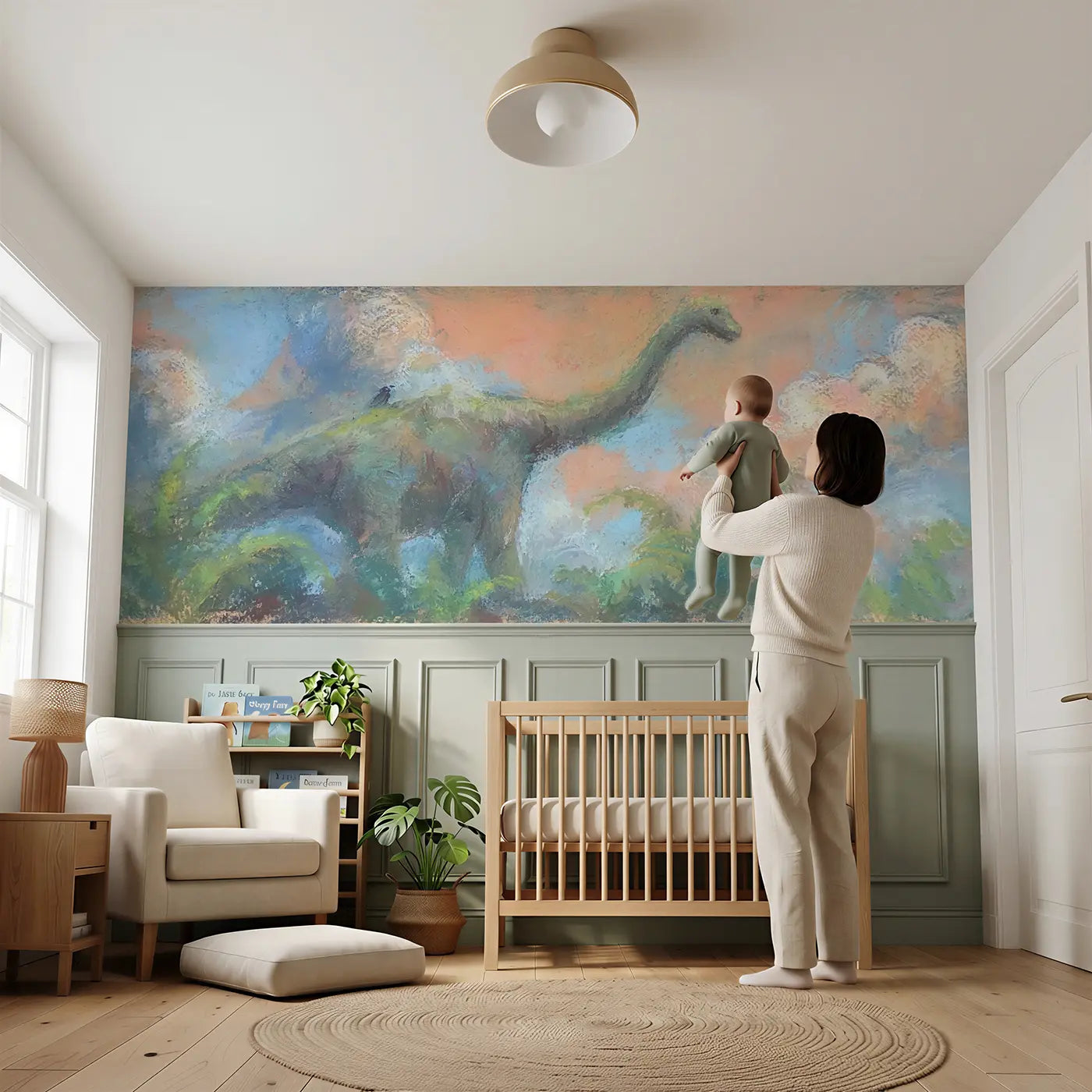 Child reading near Chalk Brontosaurus Gentle Soft Wainscoting Wallpaper by Whimsy Tots