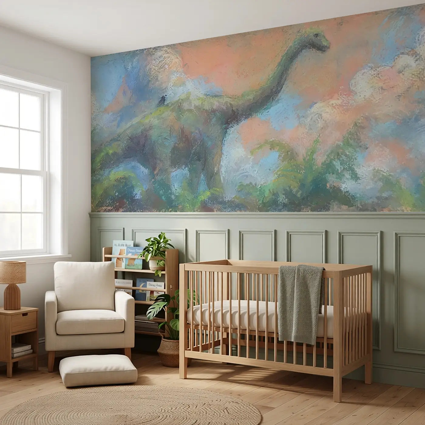 Chalk Brontosaurus Gentle Soft Wainscoting Wallpaper styled in a kids bedroom by Whimsy Tots