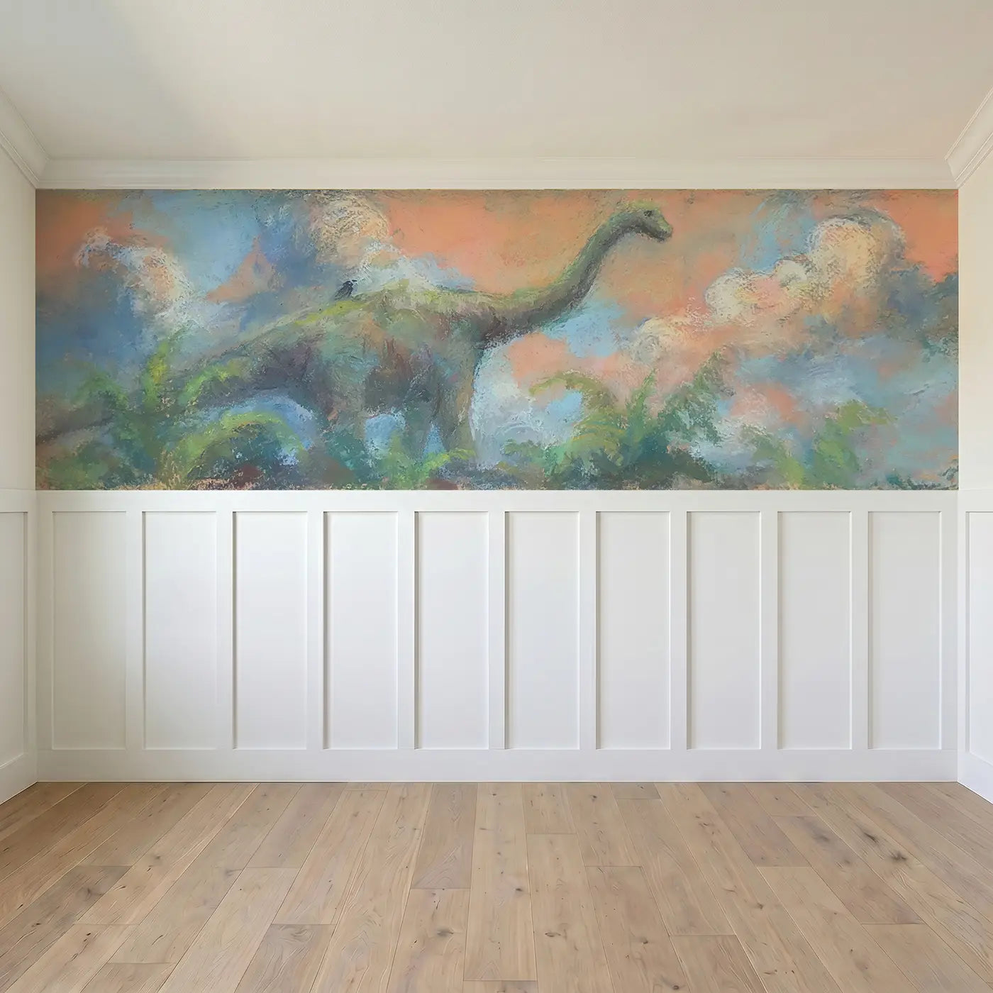 Full panel view of Chalk Brontosaurus Gentle Soft Wainscoting Wallpaper by Whimsy Tots