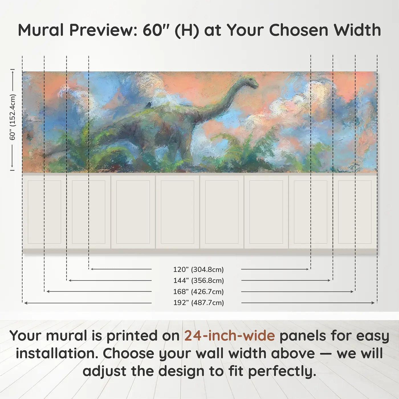 Panel dimensions for Chalk Brontosaurus Gentle Soft Wainscoting Wallpaper by Whimsy Tots