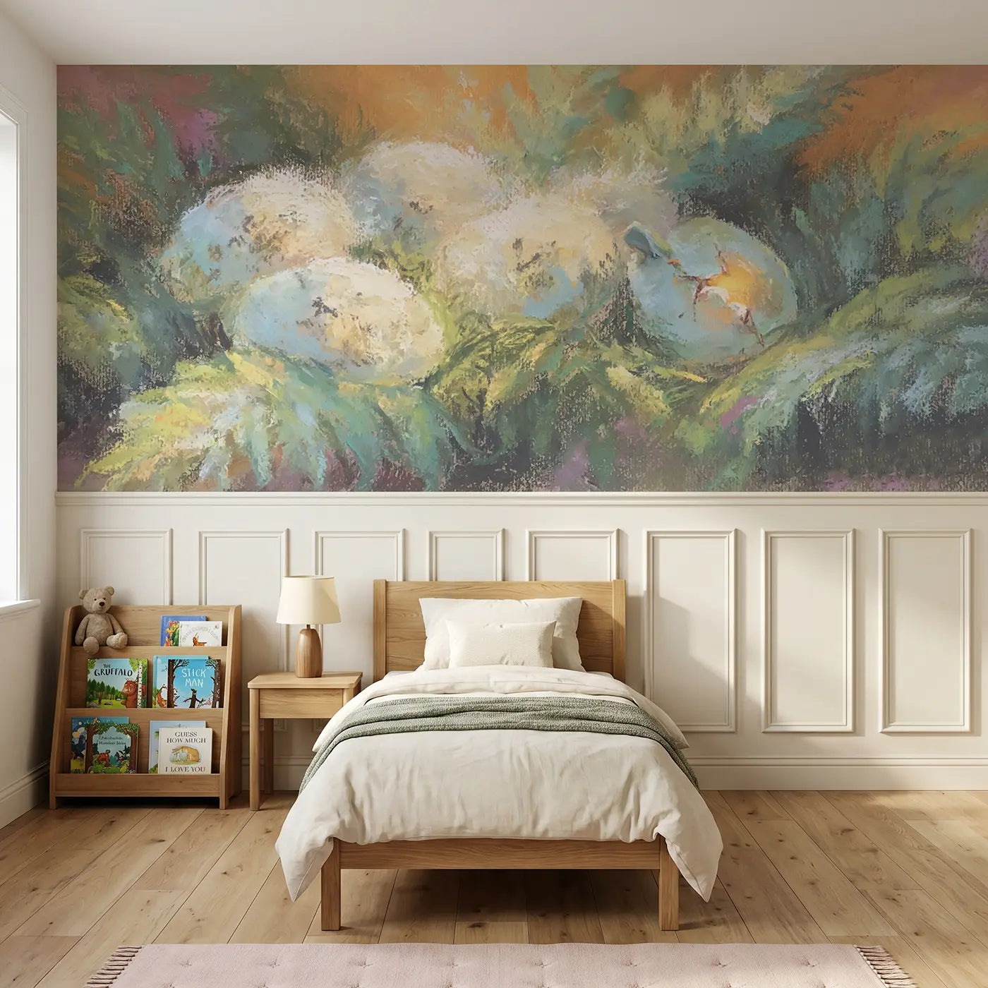 Soft Pastel chalk dino egg nest dream wainscoting wallpaper for nursery by Whimsy Tots