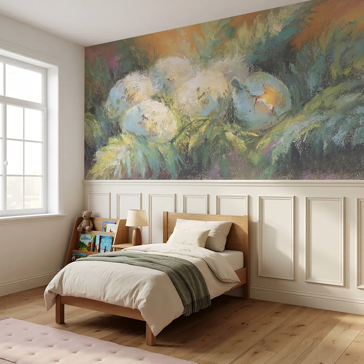 Pastel Dino Egg Nest Dream Wainscoting Wallpaper styled in a kids bedroom by Whimsy Tots