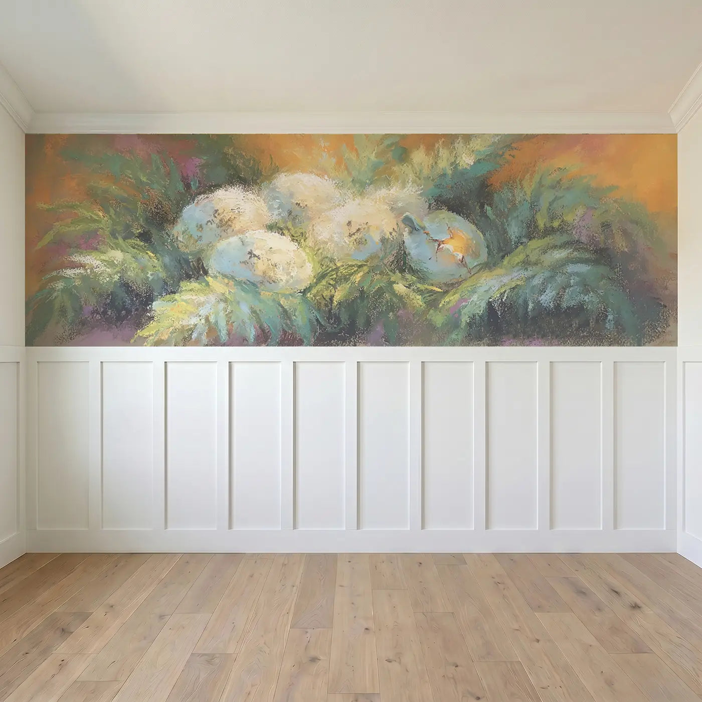 Full panel view of Pastel Dino Egg Nest Dream Wainscoting Wallpaper by Whimsy Tots