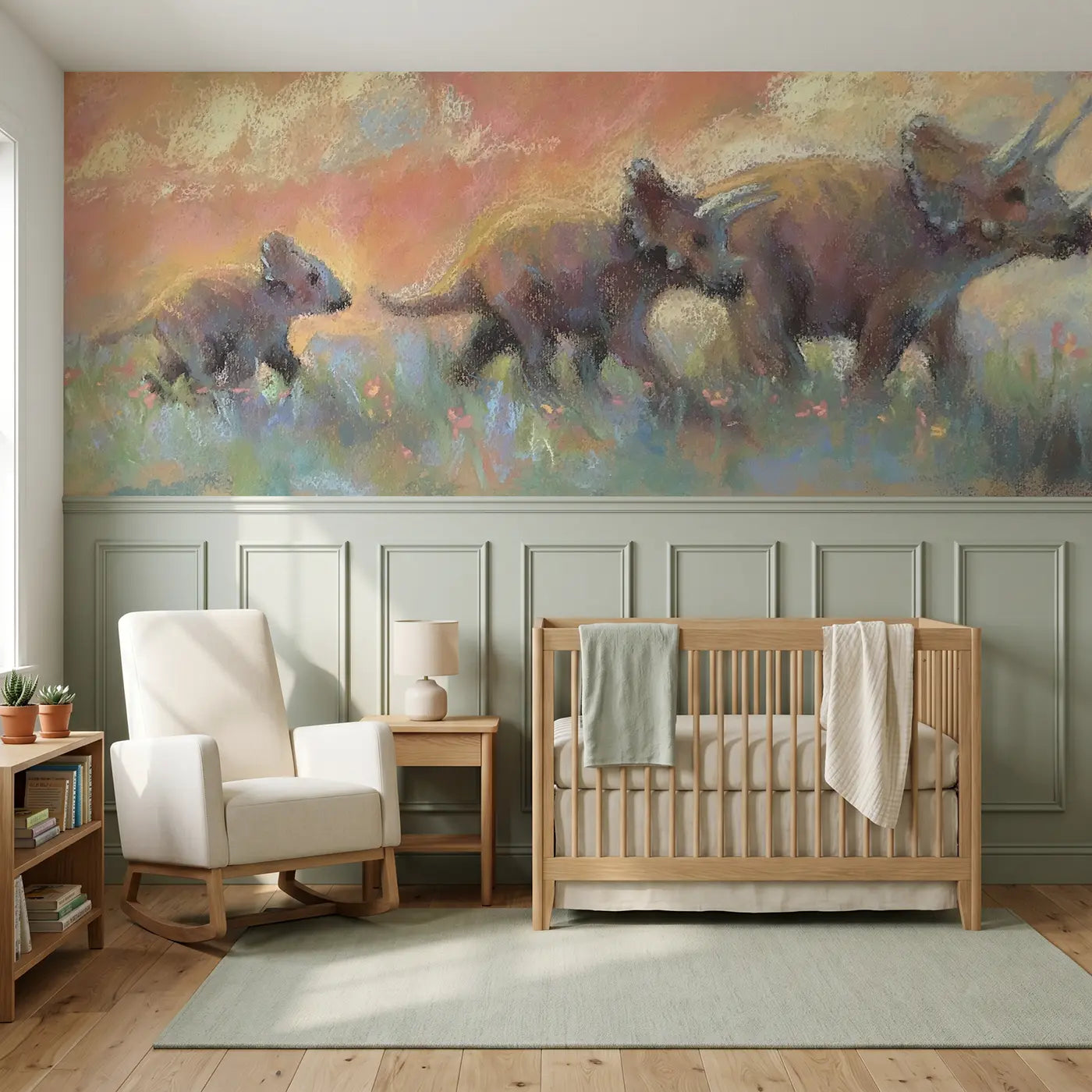 Soft Pastel chalk triceratops meadow walk wainscoting wallpaper for nursery by Whimsy Tots