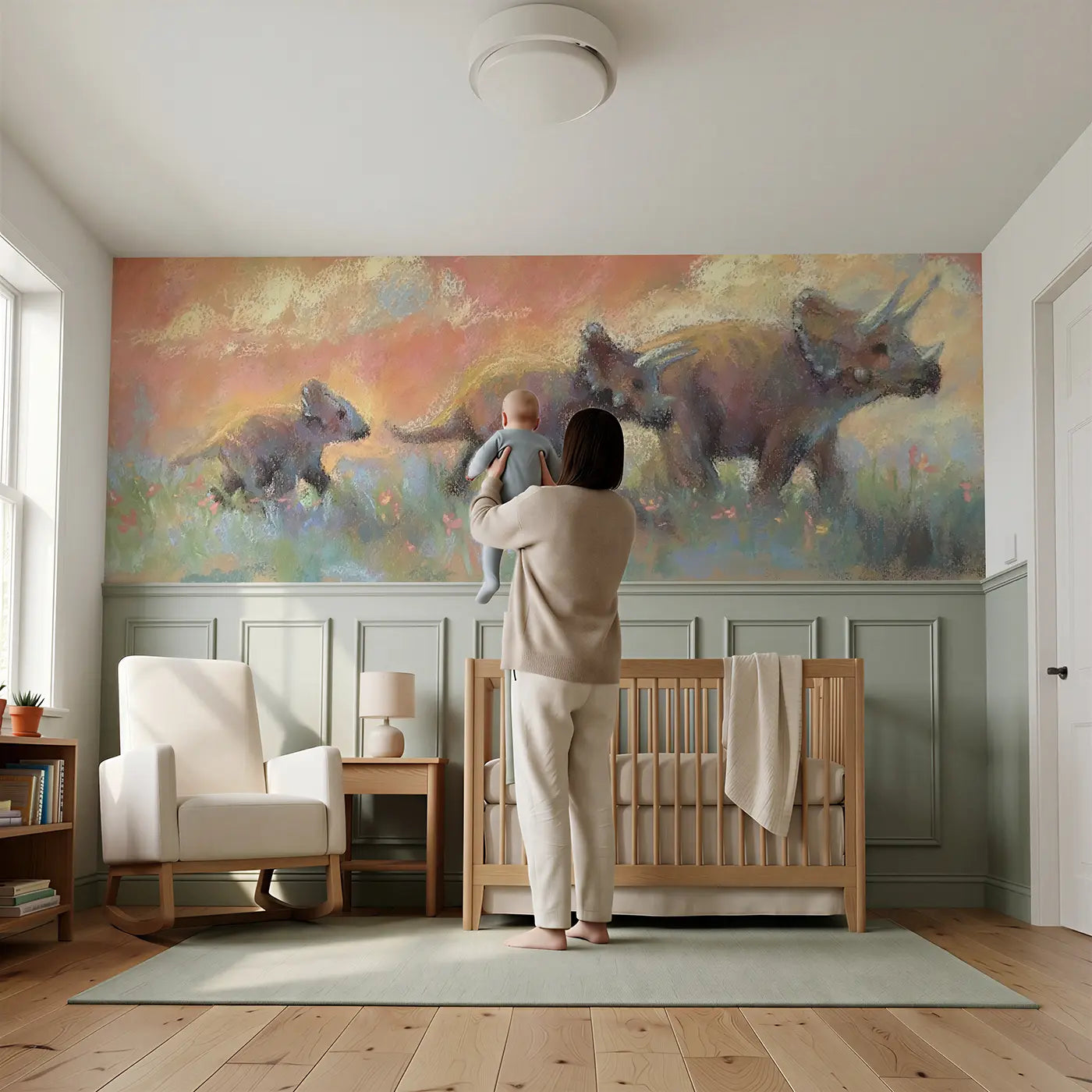 Child reading near Chalk Triceratops Meadow Walk Wainscoting Wallpaper by Whimsy Tots