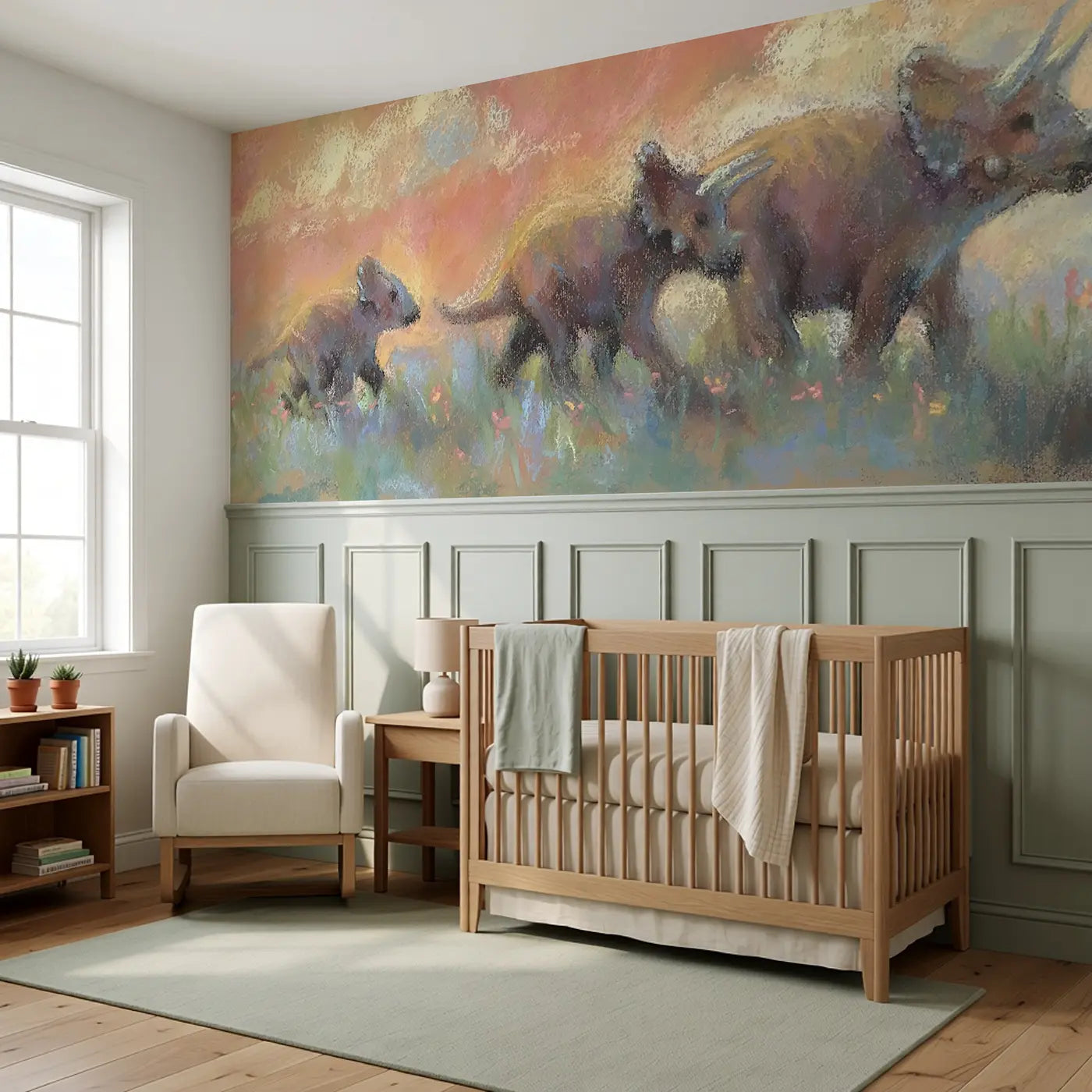 Chalk Triceratops Meadow Walk Wainscoting Wallpaper styled in a kids bedroom by Whimsy Tots
