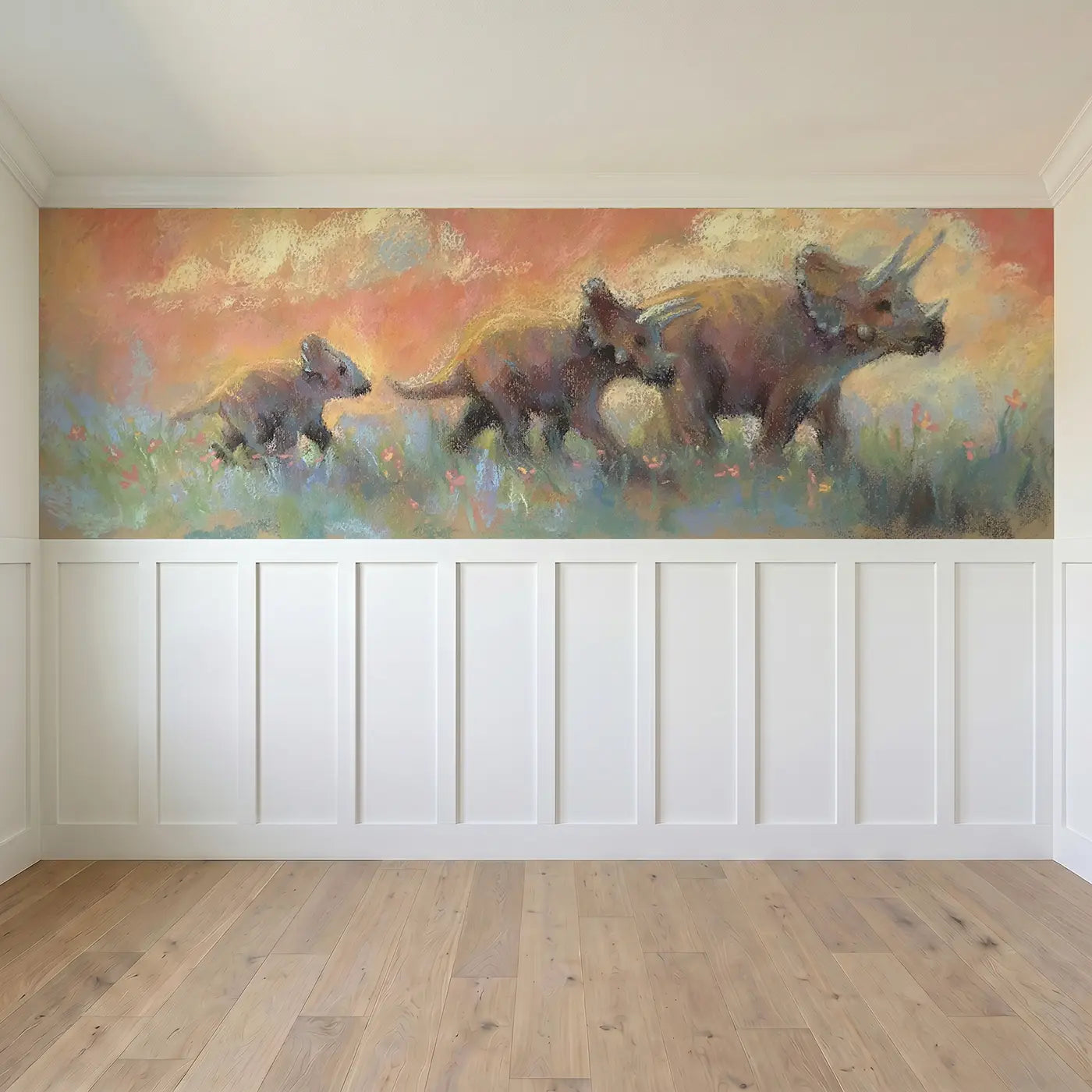 Full panel view of Chalk Triceratops Meadow Walk Wainscoting Wallpaper by Whimsy Tots