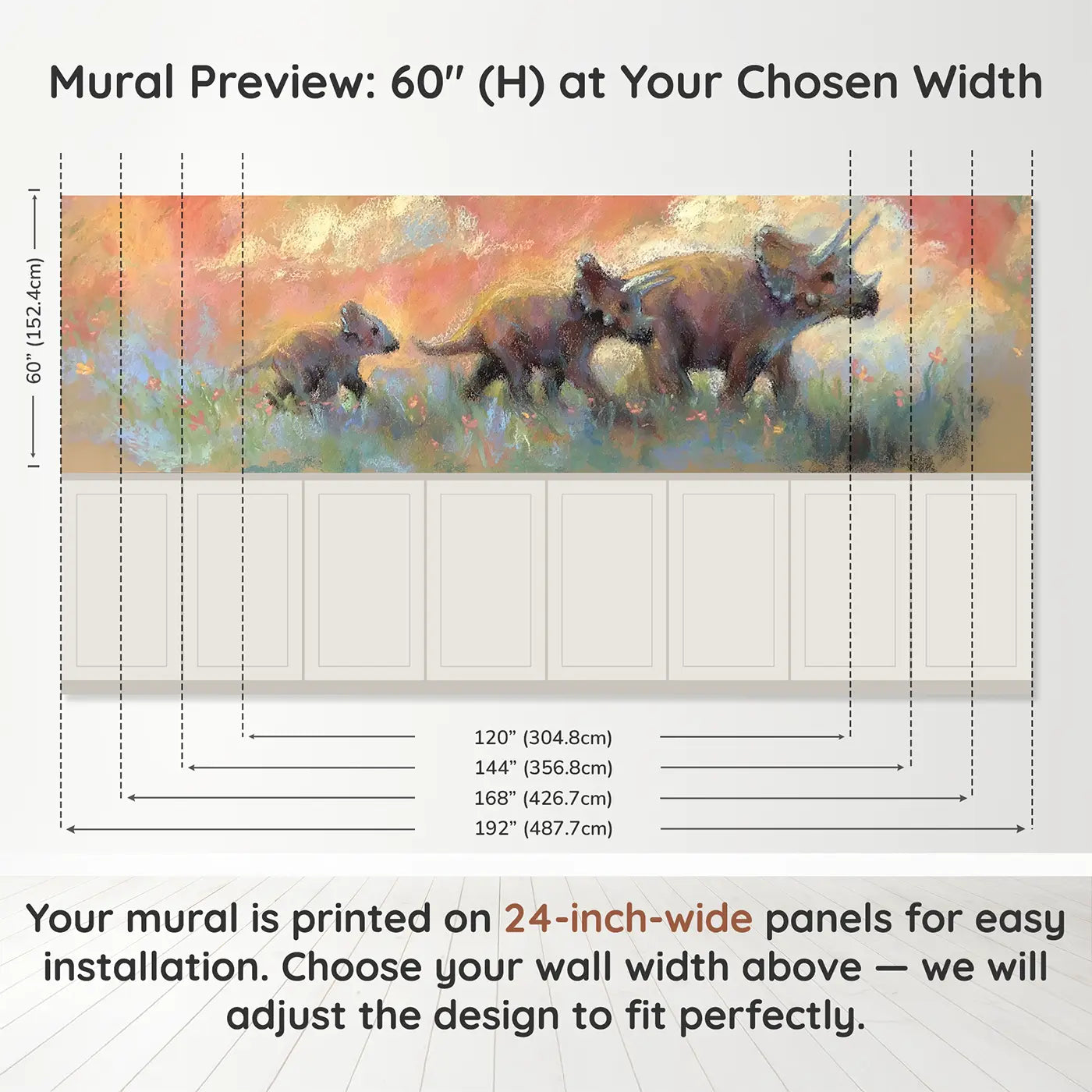 Panel dimensions for Chalk Triceratops Meadow Walk Wainscoting Wallpaper by Whimsy Tots