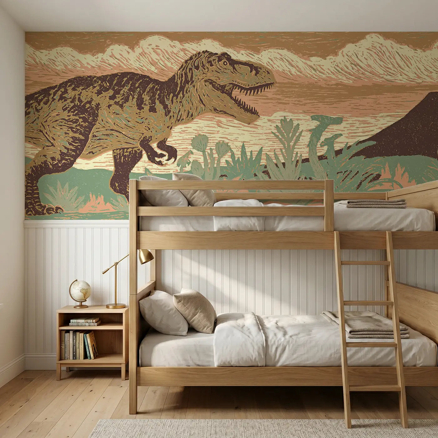 Block Print carved T-Rex mighty pose wainscoting wallpaper for bedroom by Whimsy Tots