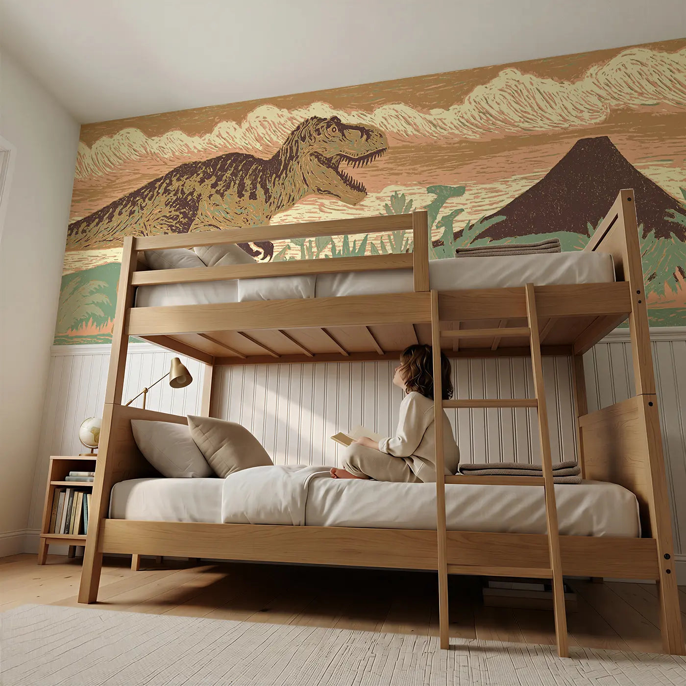 Child reading near Carved T-Rex Mighty Pose Wainscoting Wallpaper by Whimsy Tots