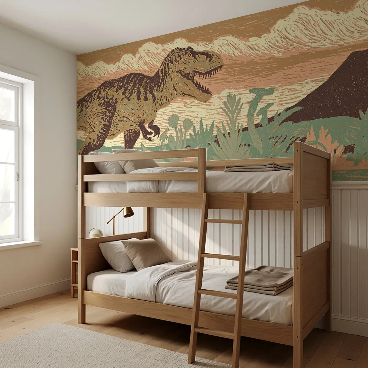 Carved T-Rex Mighty Pose Wainscoting Wallpaper styled in a kids bedroom by Whimsy Tots
