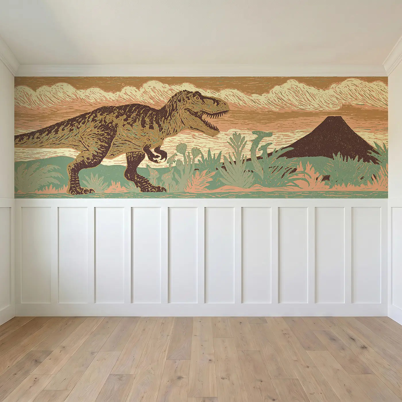 Full panel view of Carved T-Rex Mighty Pose Wainscoting Wallpaper by Whimsy Tots