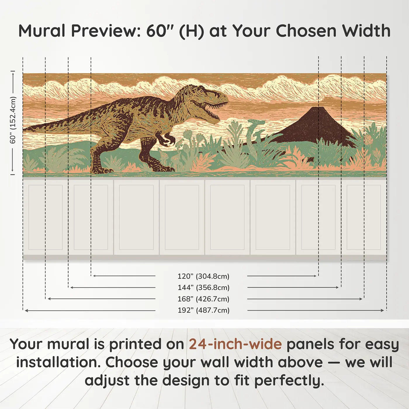 Panel dimensions for Carved T-Rex Mighty Pose Wainscoting Wallpaper by Whimsy Tots