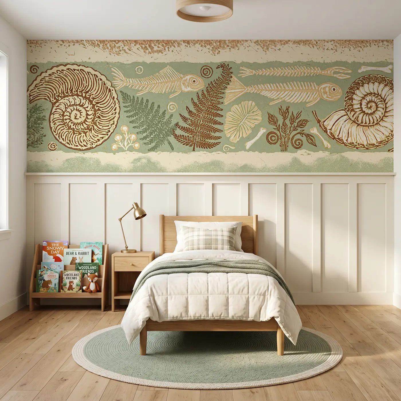 Block Print fossil spiral band wainscoting wallpaper for bedroom by Whimsy Tots