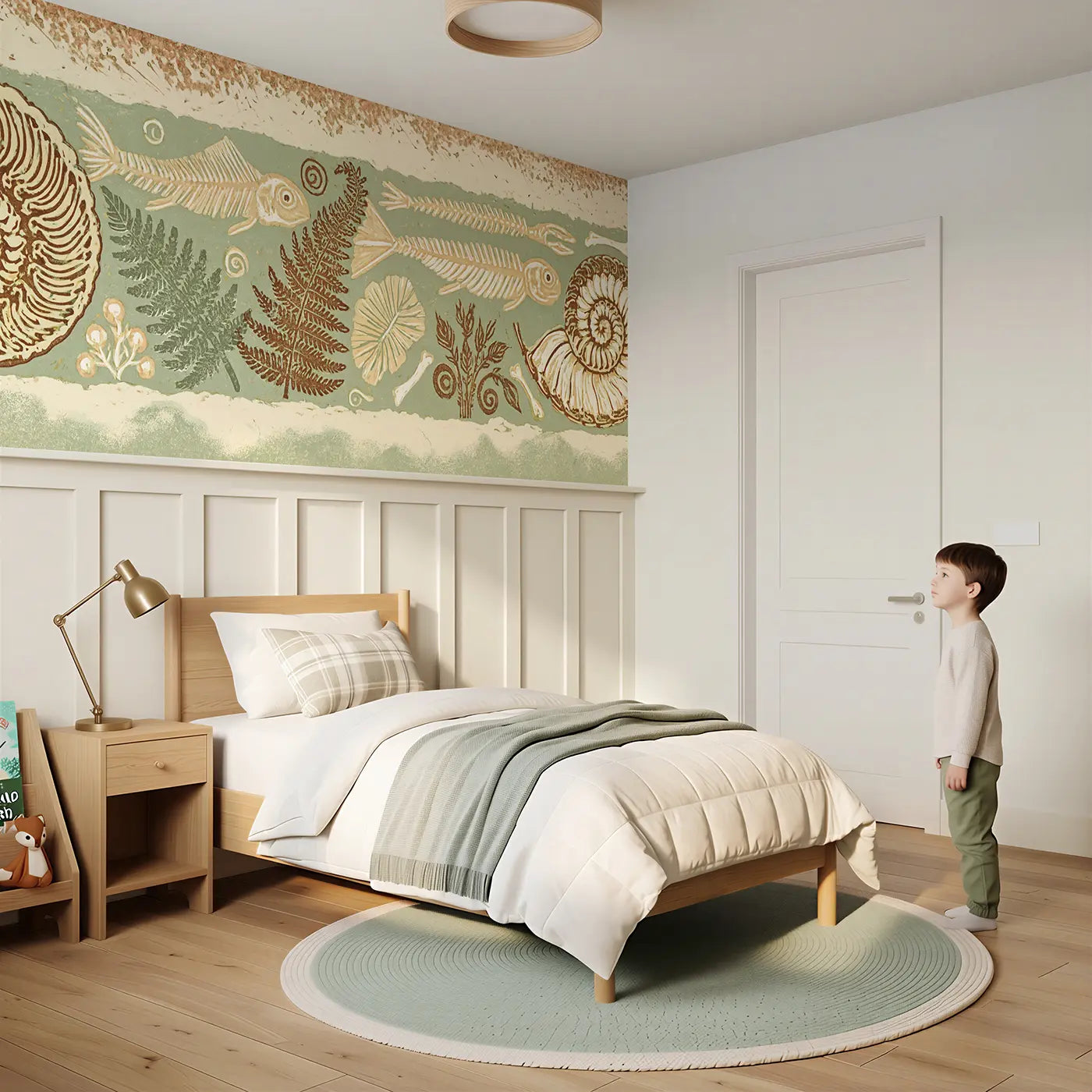 Child reading near Block Print Fossil Spiral Band Wainscoting Wallpaper by Whimsy Tots