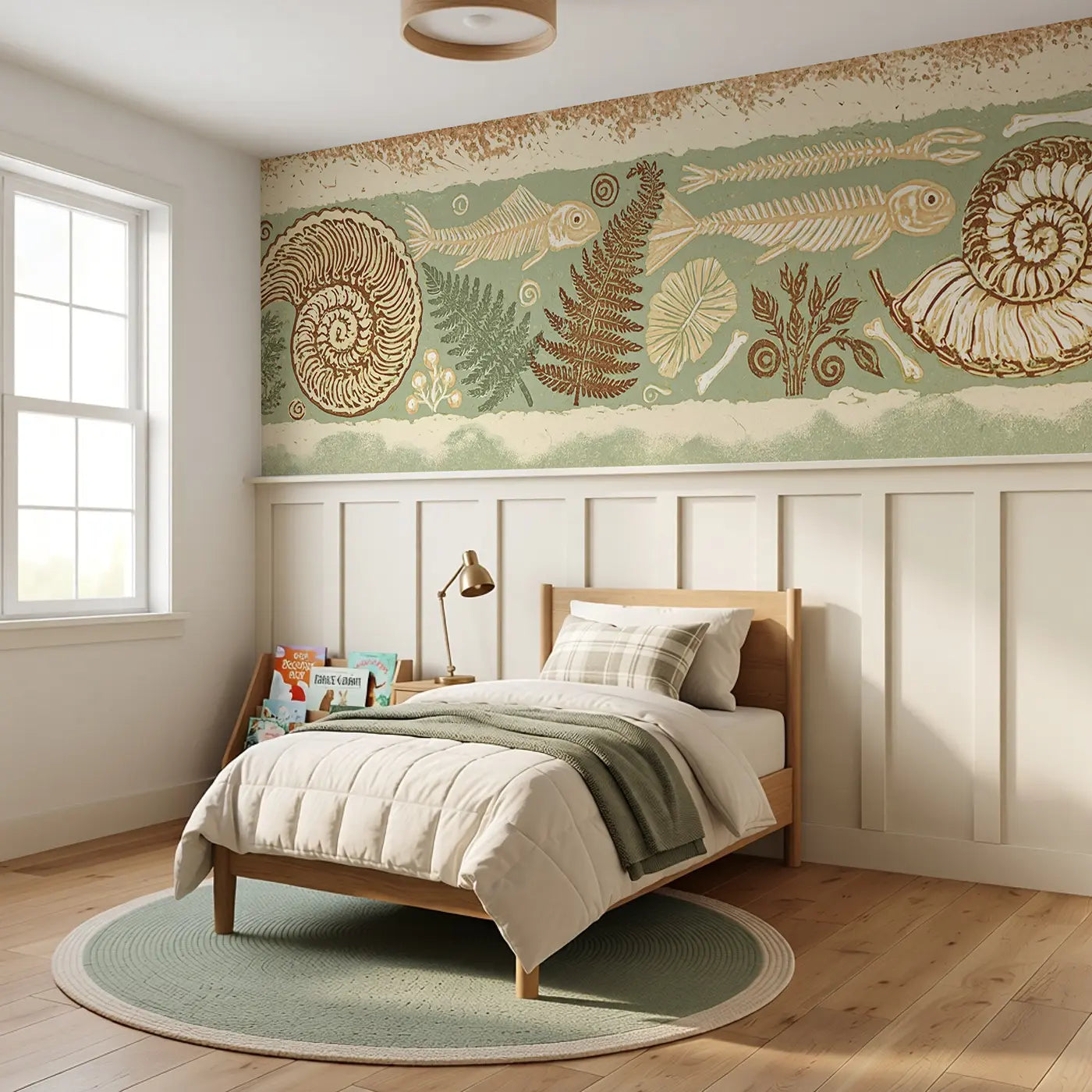 Block Print Fossil Spiral Band Wainscoting Wallpaper styled in a kids bedroom by Whimsy Tots