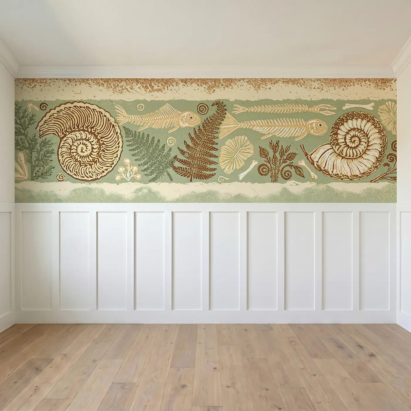 Full panel view of Block Print Fossil Spiral Band Wainscoting Wallpaper by Whimsy Tots