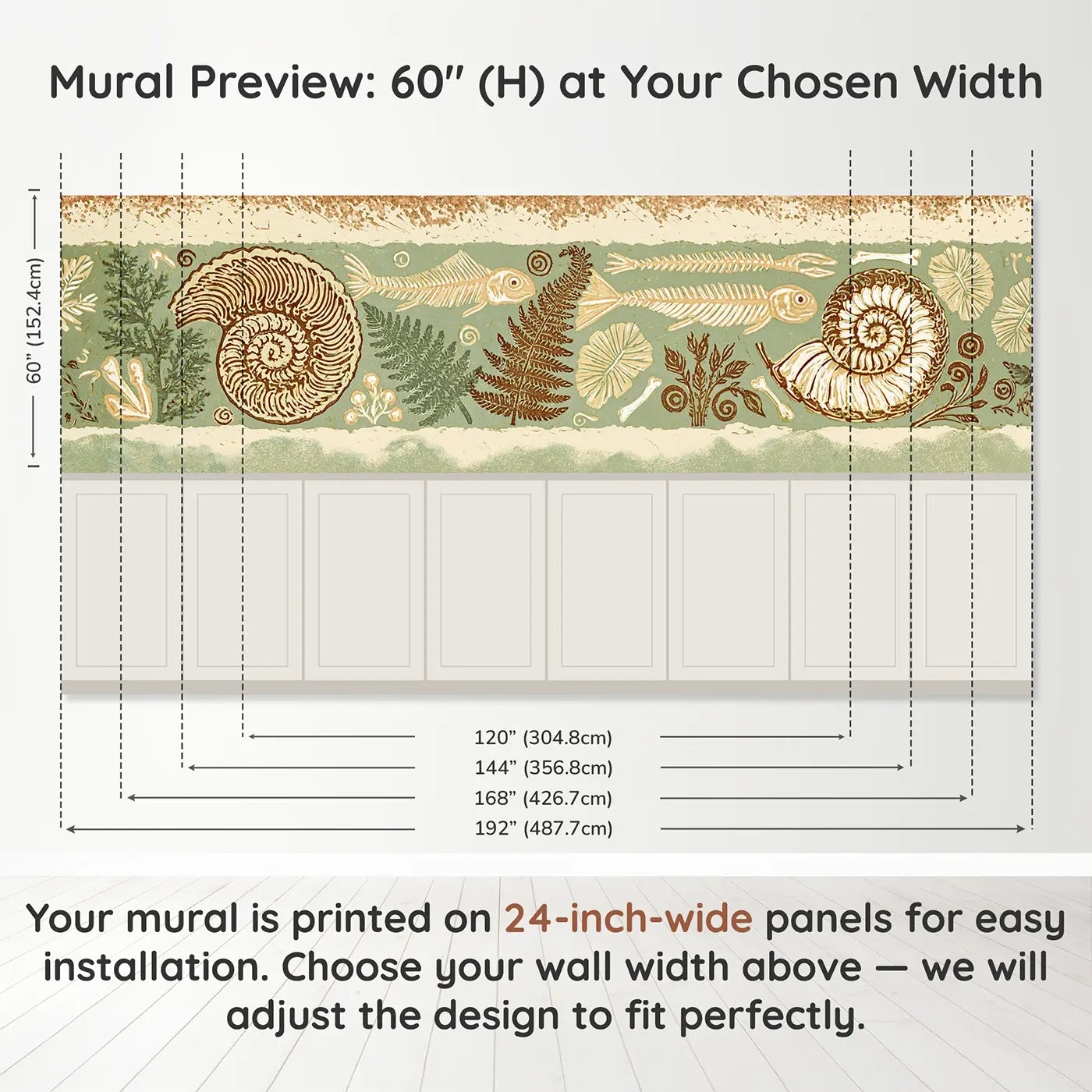Panel dimensions for Block Print Fossil Spiral Band Wainscoting Wallpaper by Whimsy Tots