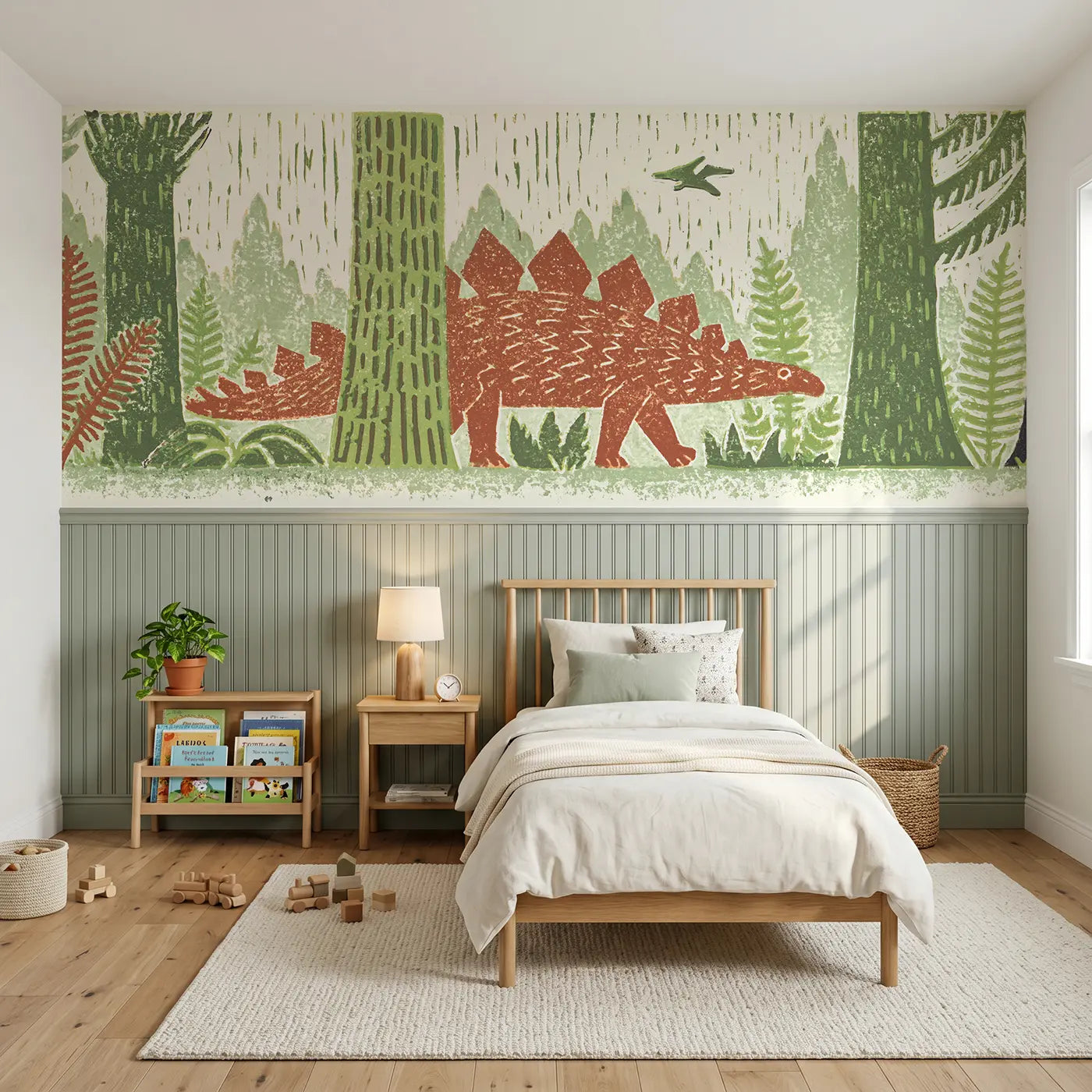 Block Print carved stegosaurus forest band wainscoting wallpaper for bedroom by Whimsy Tots