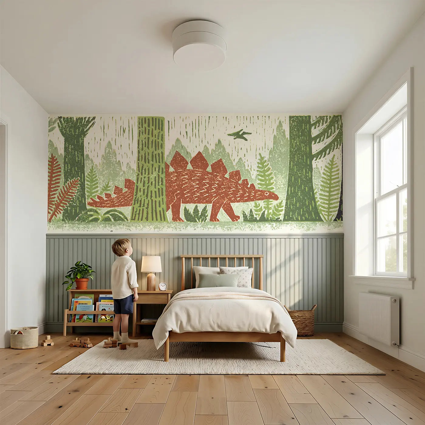 Child reading near Carved Stegosaurus Forest Band Wainscoting Wallpaper by Whimsy Tots